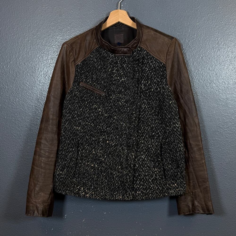 GAP L women’s black/brown varsity leather jacket vintage biker motorcycle